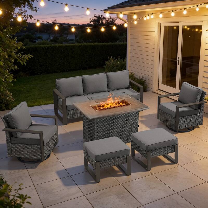 Meyreso Wicker Outdoor Patio Fire Pit Set with Swivel Gliders & 4.5" Olefin Cushions - Gray / Gray Cushions - 6-Piece