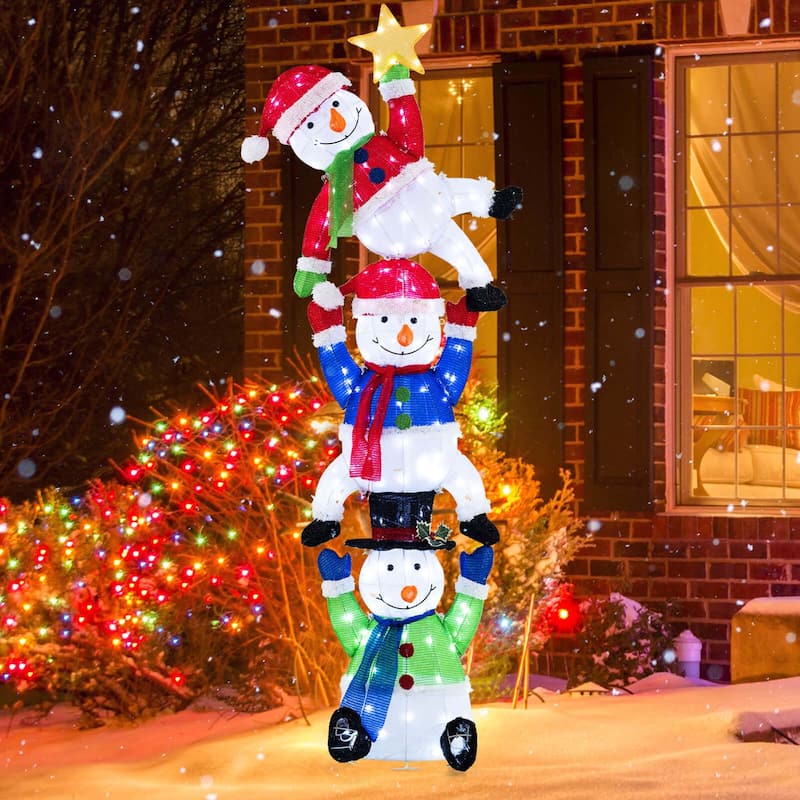Costway 6 ft 3D Pre-Lit Christmas Stacked Snowman with 155 LED Lights - as pic shows - See Details