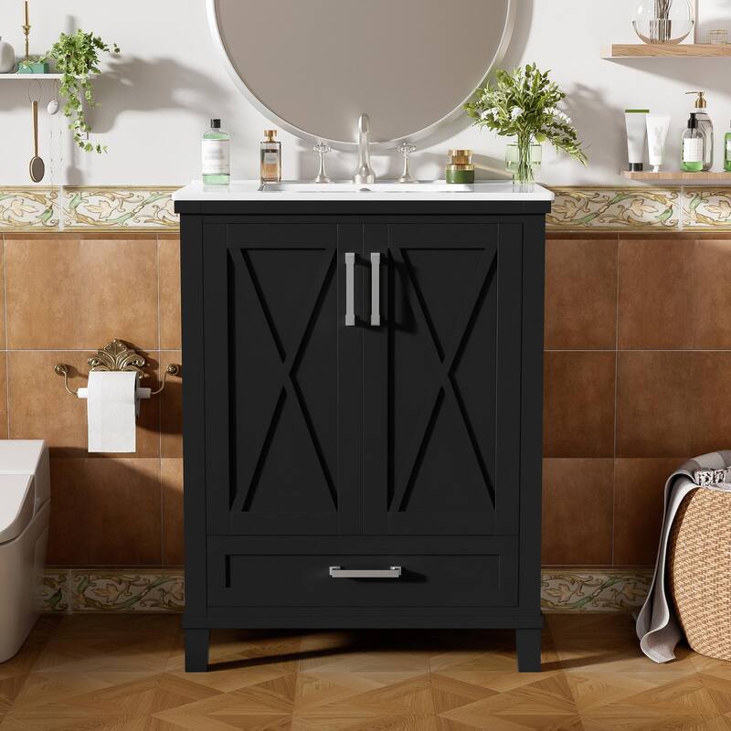 30" Bathroom Vanity - Solid Wood Frame, Single Sink, 2 Soft-Close Doors, Divided Drawer & Dual Storage Shelves - Black - 24 inch