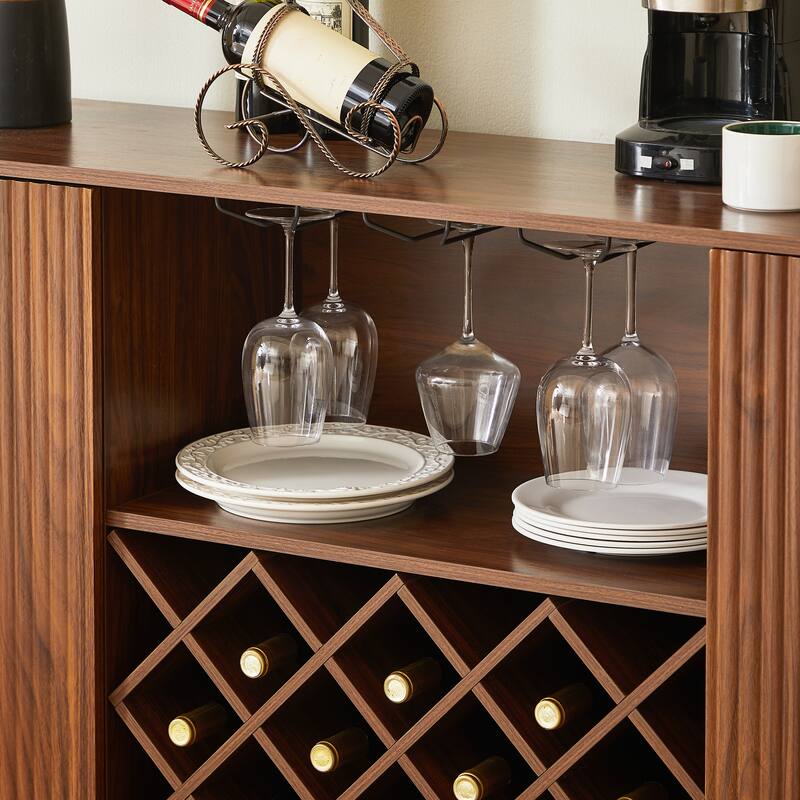 58" Modern Wavy Curve Sideboard-Multifunctional storage cabinet with wine rack and glassware holder, Adjustable shelves