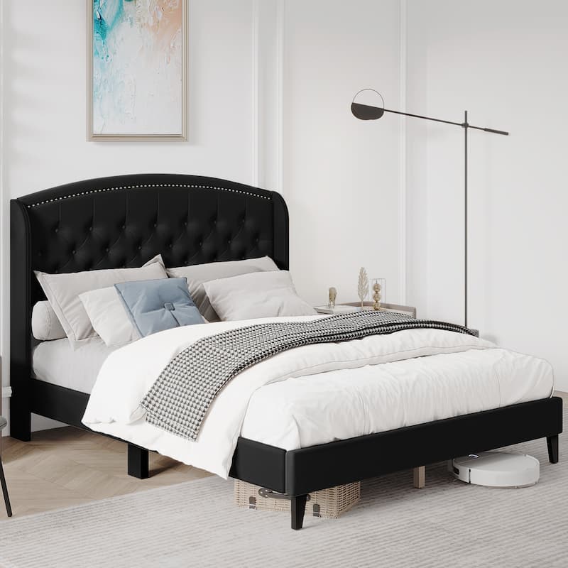 Bed Frame with Upholstered Headboard - Black - King