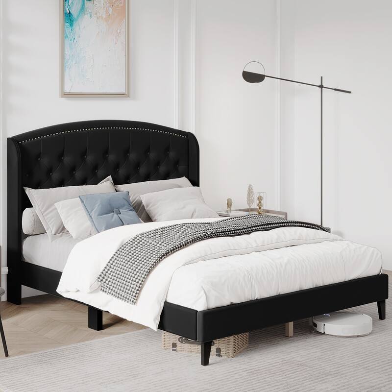 Platform Bed Frame Full with Upholstered Wingback Headboard