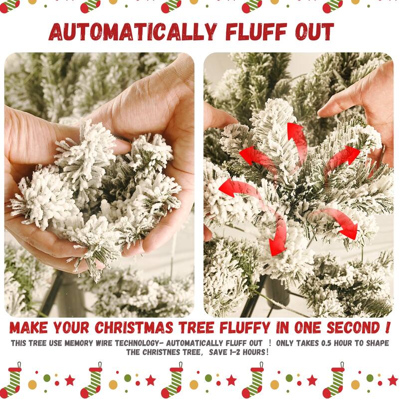 Flocked Hinged Christmas Tree with Colorful LED Lights, G45 Ball, Memory Wire & Stable Metal Stand