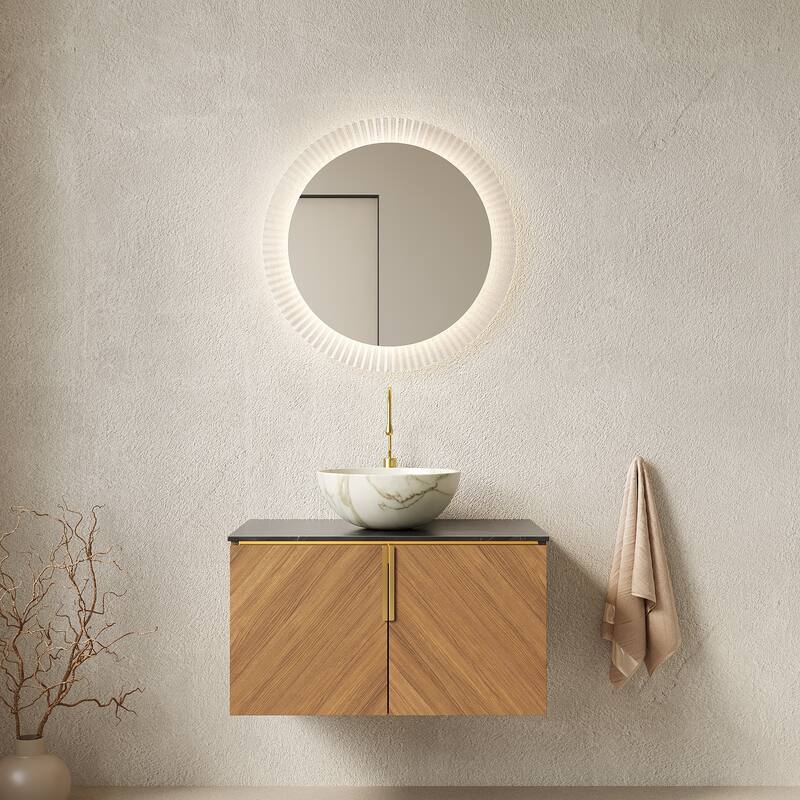 Wall-Mounted Bathroom Vanity with Round Ceramic Sink - 29.92'' x 19.69'' x 21.69'' - Brown Oak and Stone White