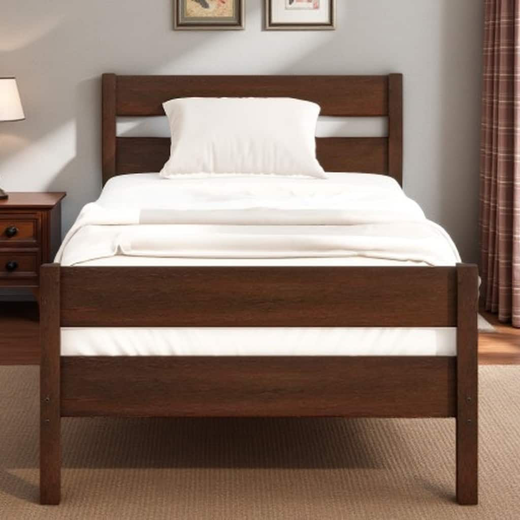 Twin Size Wooden Platform Bed Frame with Headboard and Footboard, Underbed Storage Space, Sturdy Rubber Wood Construction