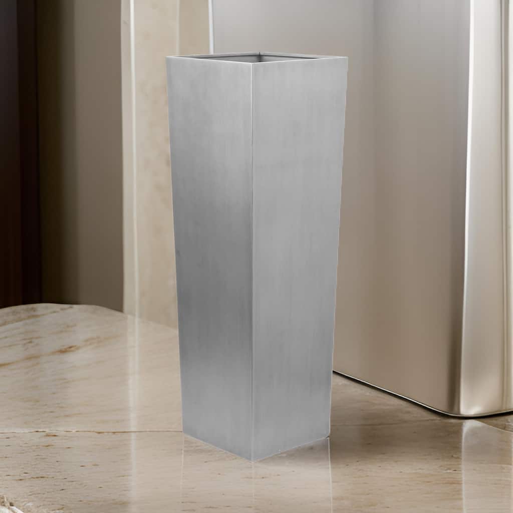 Zeny 48 Inch Tall Planter Vase with Hidden Insert, Tapered Barrel, Silver