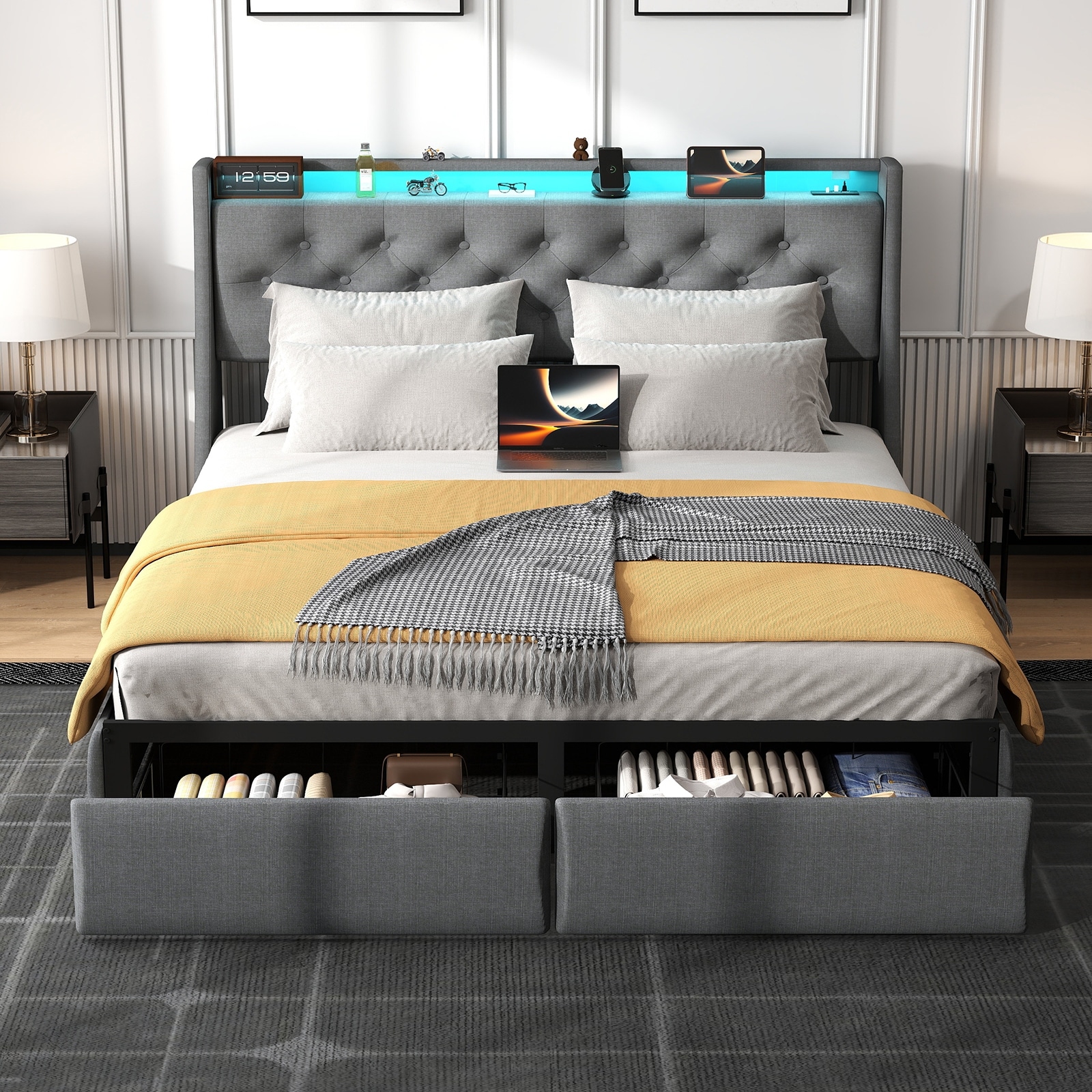 Full Size Bed Frame with Storage Headboard, RGB LED Light & USB Charging Station - Grey