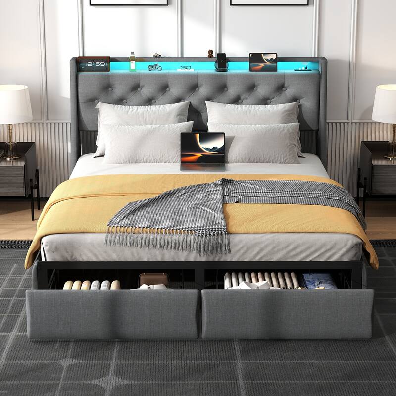 Full Size/Queen Size Bed Frame, Upholstered Platform Bed with RGB LED Light Storage Headboard & USB Charging Station