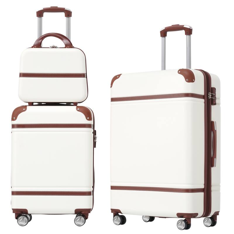 Lightweight 3-Piece Hardshell Luggage Set with TSA Lock, 20" & 24" Suitcases & Cosmetic Case - White