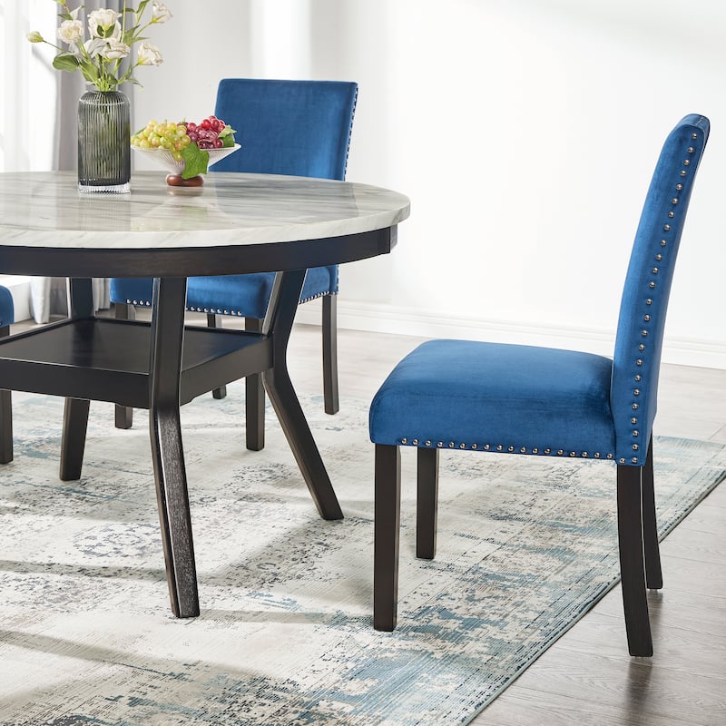 Contemporary 5-Piece Dining Set with Round Faux Marble Table and Velvet Upholstered Parsons Chairs - Stylish and Durable