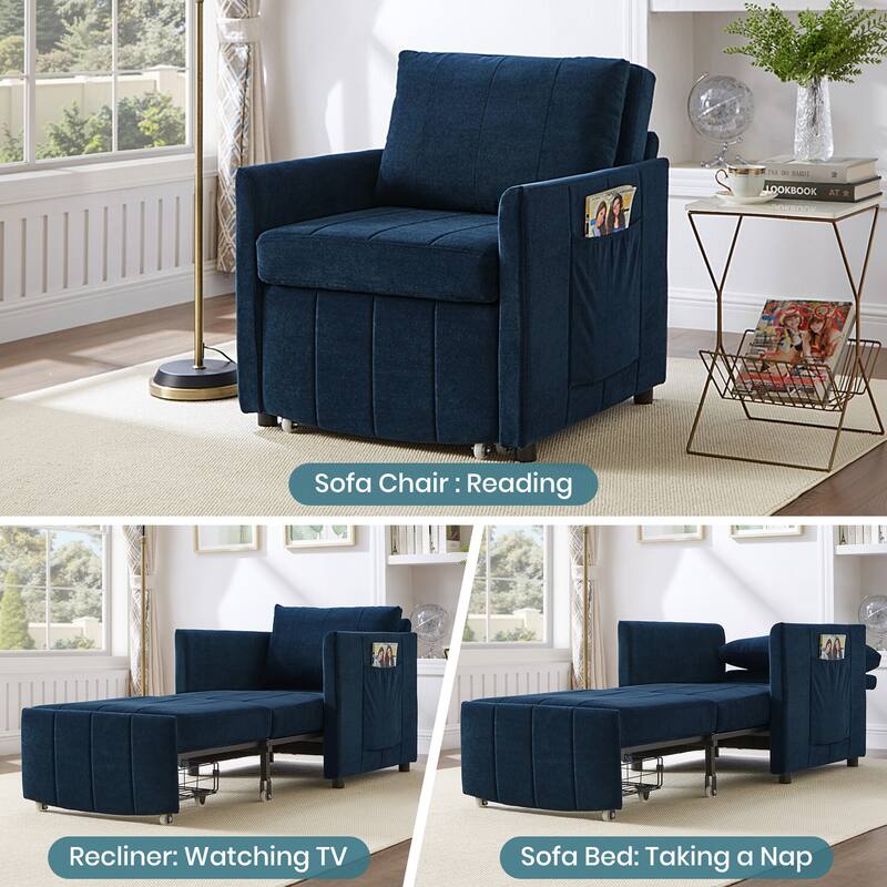 Upholstered Convertible Sleeper Sofa with 5-Position Adjustable Backrest, Side Pockets and Storage Basket, Blue