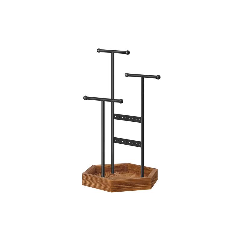 Metal Frame Jewelry Display Stand Holder with Hexagonal Base - 7"D x 8"W x 14.1"H - Black-Caramel Brown