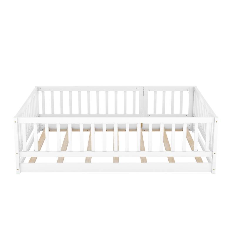 Kids Montessori Floor Bed for Kids, Girls, Boys, Solid Wood Floor Bed Frame with Fence and Door, No Box Spring Needed
