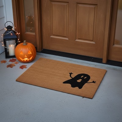 HomeRoots 24" X 36" Natural And Brown Spooky Ghost Halloween Outdoor Coir Door Mat - 24.00' X '36.00