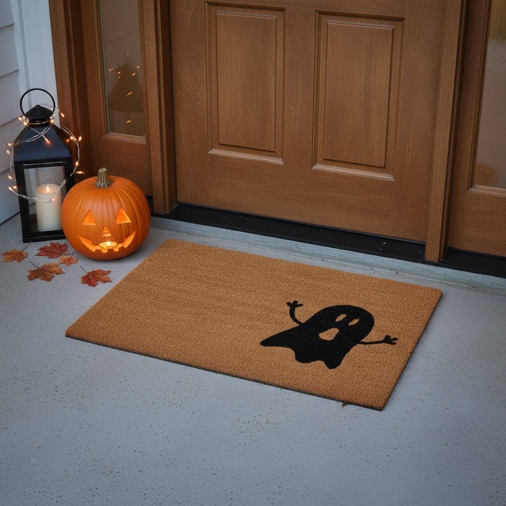 HomeRoots 24" X 36" Natural And Brown Spooky Ghost Halloween Outdoor Coir Door Mat - 24.00' X '36.00