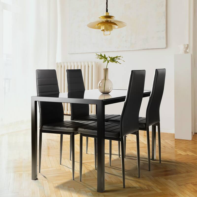 Modern Dining Table Set with Tempered Glass Tabletop and 4 Faux Leather Chairs, for Living Room and Kitchen, 5-Piece Set, Black