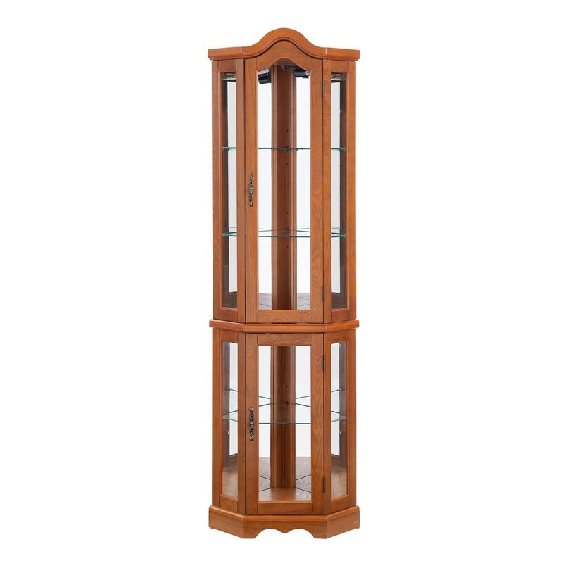 Lighted Glass Corner Display Curio Storage Cabinet with 5 Shelves, Bulb