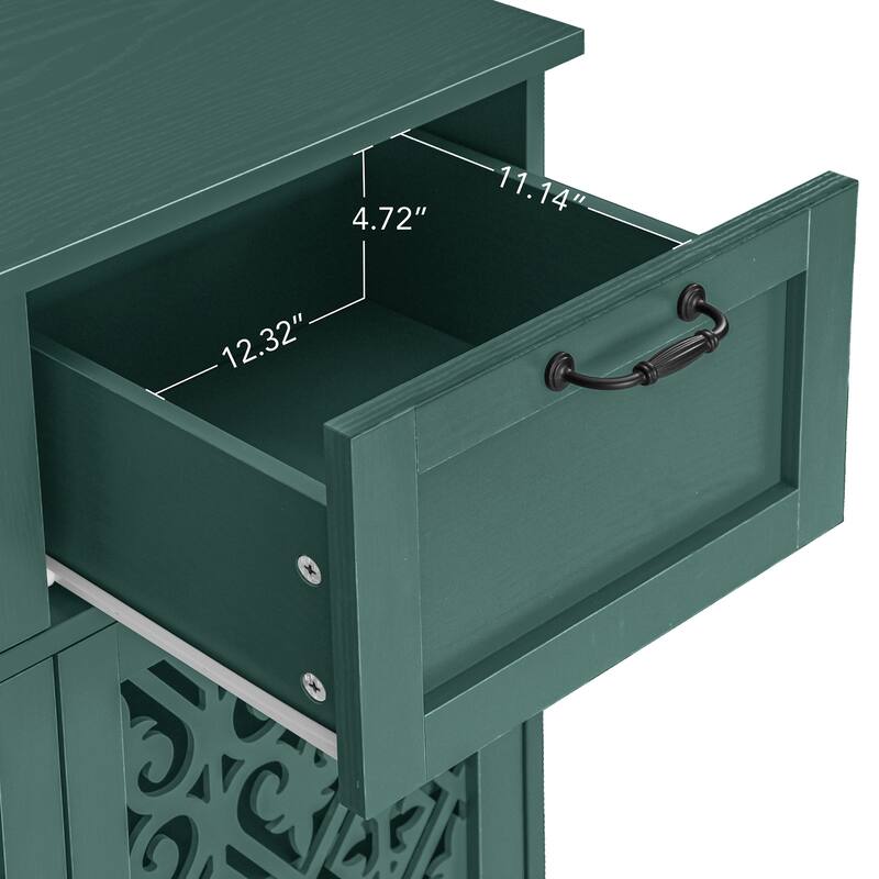 Cabinet with 2 Carved Pattern Doors & 2 Drawers, Small Entryway Storage Table, Accent Cabinet with Metal Handles & Wooden Legs
