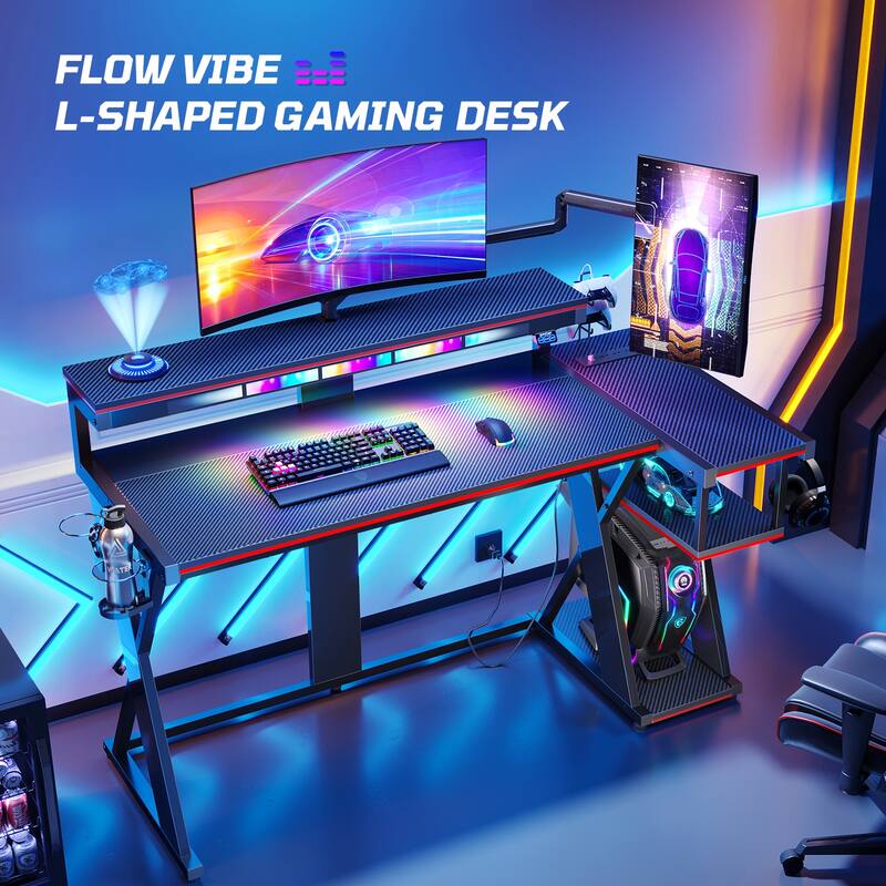 57 in. L Shape Gaming Desk with LED Lights Monitor Stand Power Outlets Cup Holder and Headphone Hook