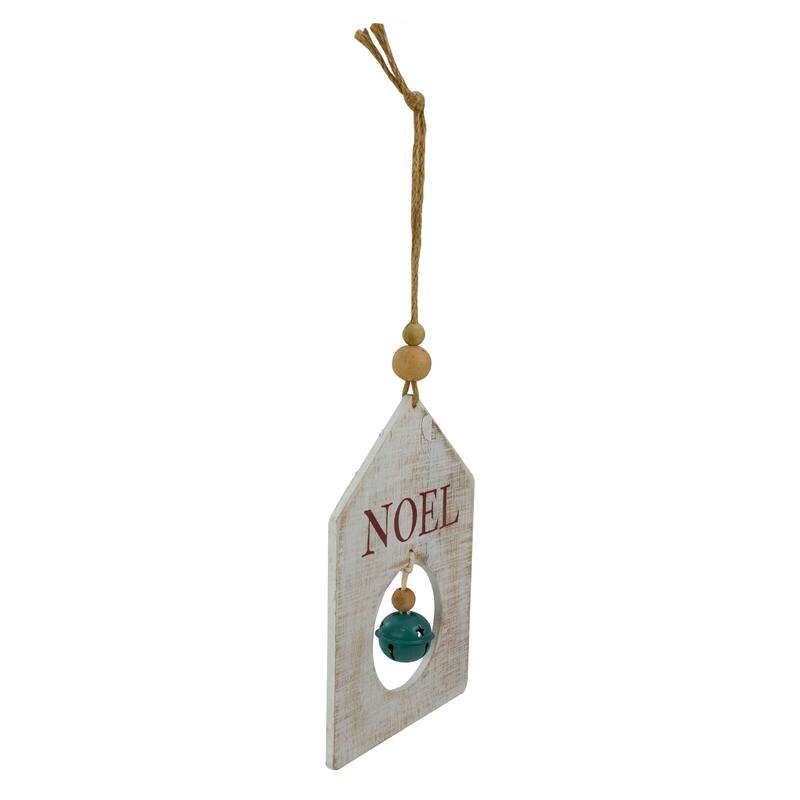 Rustic Wooden "NOEL" with Bell Christmas Tag Ornament - 8" - Green and White