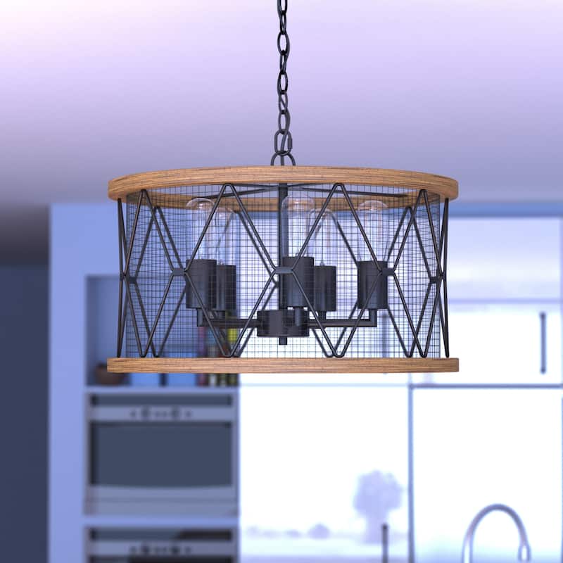 Bremerton 5 Light Black and Wood Cage Drum Chandelier - 20-in W x 11.5-in H x 20-in D - Black and Burnished Teak - 20-in W x 11.5-in H x 20-in D
