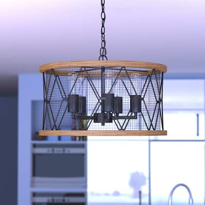 Bremerton 5 Light Black and Wood Cage Drum Chandelier - 20-in W x 11.5-in H x 20-in D