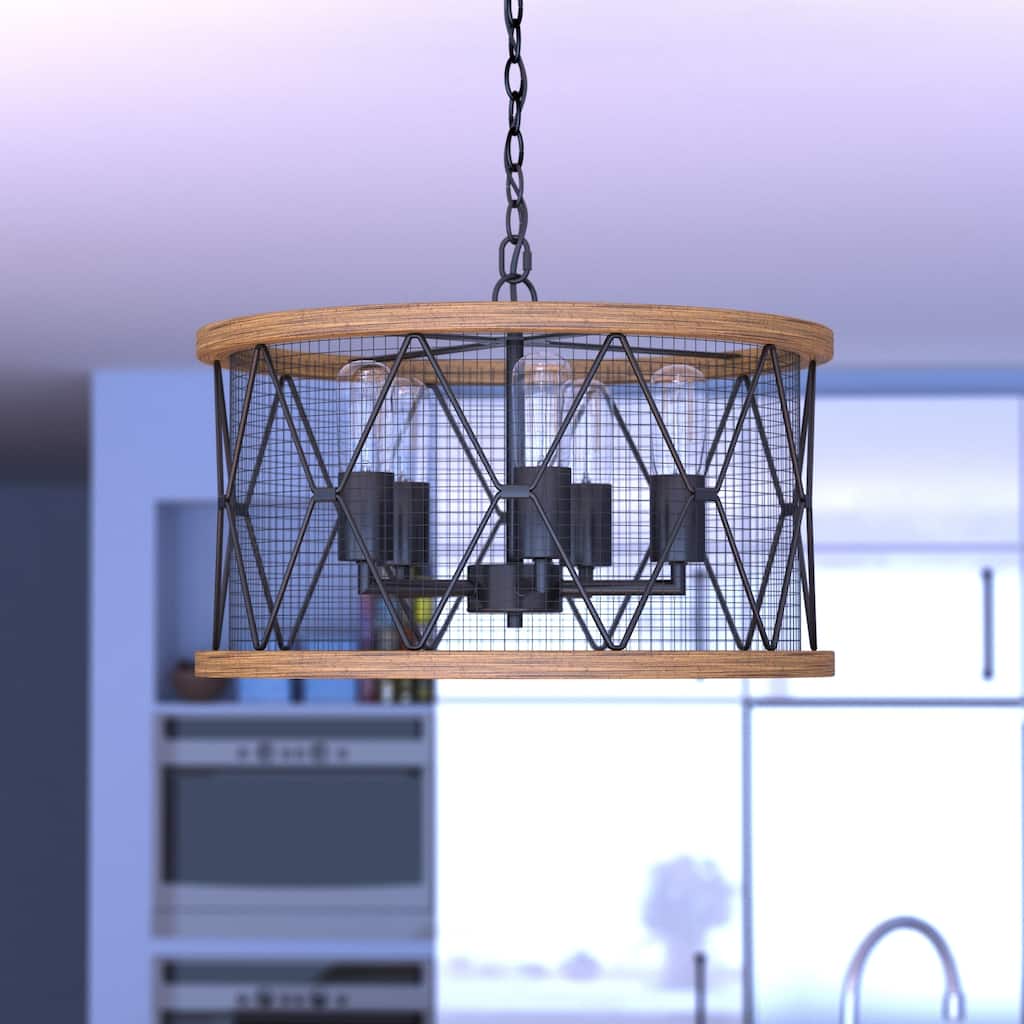 Bremerton 5 Light Black and Wood Cage Drum Chandelier - 20-in W x 11.5-in H x 20-in D
