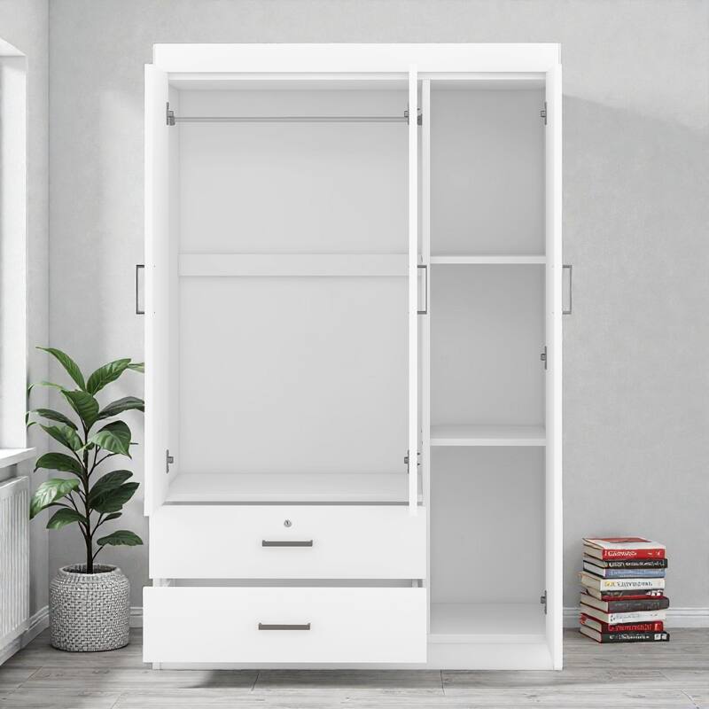 3 Door Wardrobe with Mirror and Shelves, MDF Bedroom Armoire with Lockable Drawer and Storage Drawers