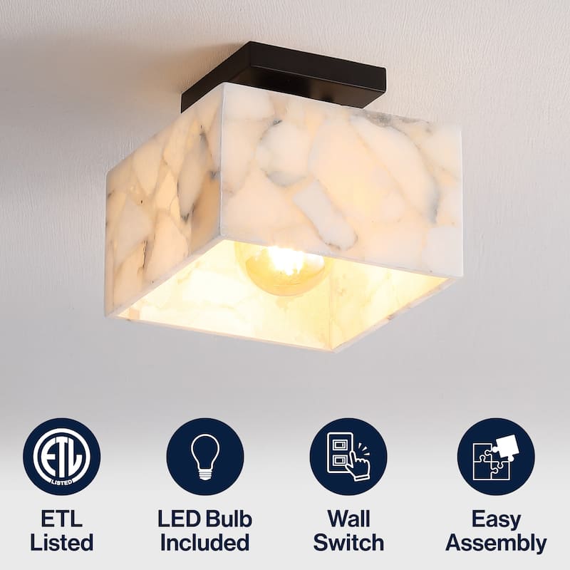 Tessa 8" 1-Light Modern Contemporary Alabaster/Iron Square LED Semi Flush Mount, White Marbling/Brass Gold by JONATHAN Y
