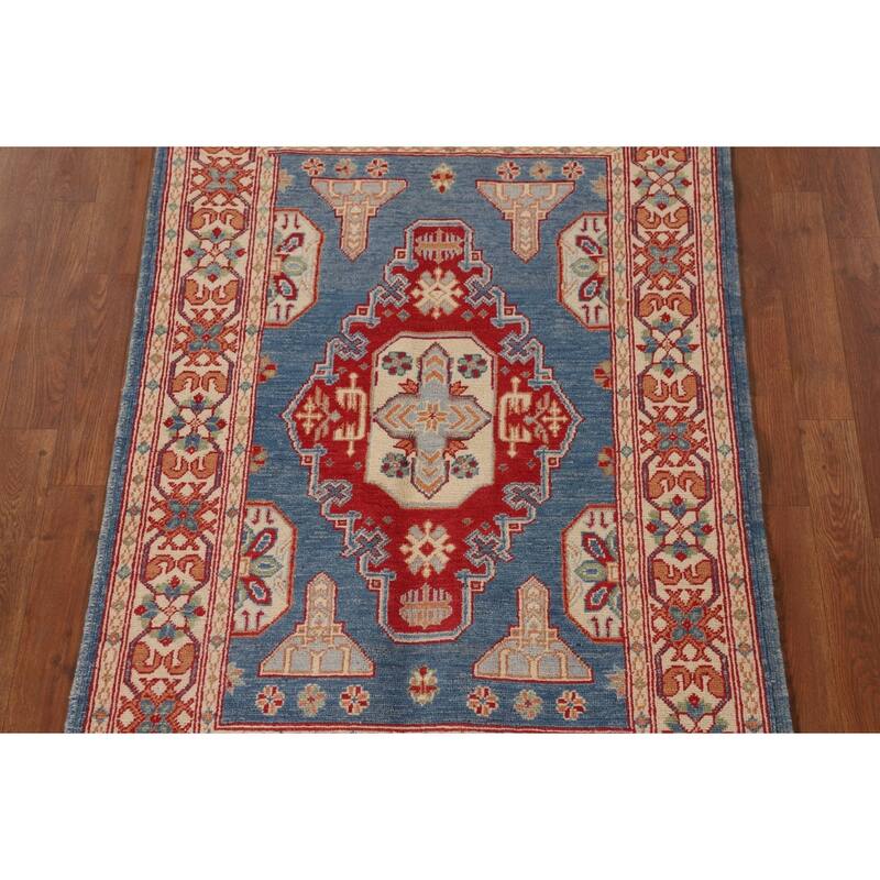 Blue Geometric Kazak Accent Rug Handmade Wool Carpet - 3'2"x 4'8"