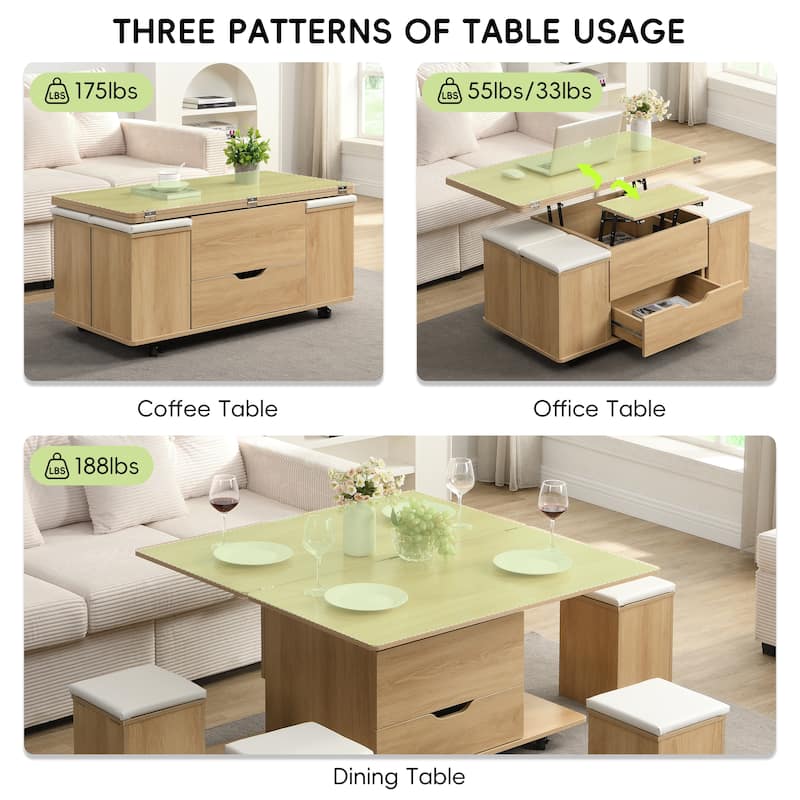 Multi-Functional Lift-Top Coffee Table with Hidden Storage, 4 Stools & Casters, Modern Center Table for Small Spaces