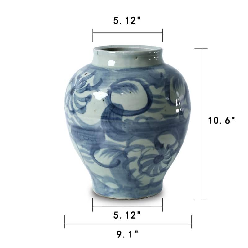 Approx. 10" High Blue and White Jar with Flower Motif