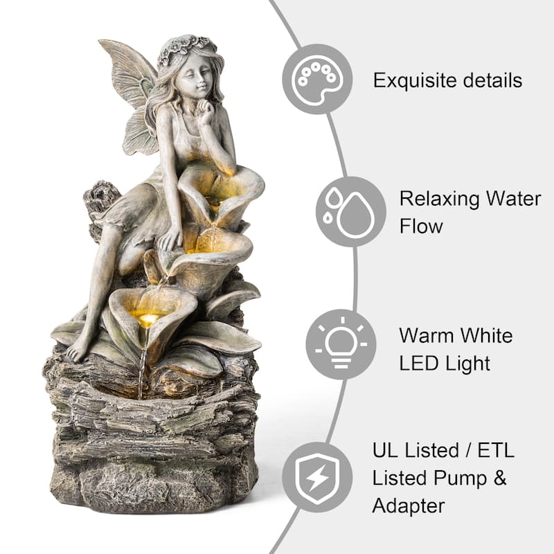 Glitzhome 22"H 4-Tiered LED Lighted Mermaid Fairy Polyresin Outdoor Floor Statue Fountains