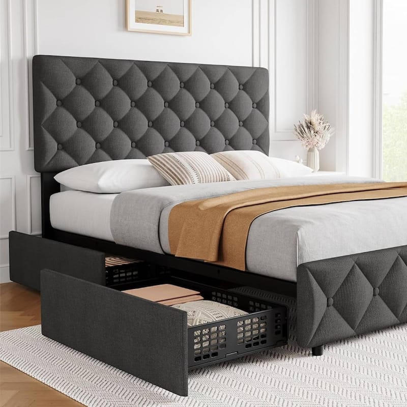 Bed Frame with 4 Storage Drawers and Adjustable Headboard