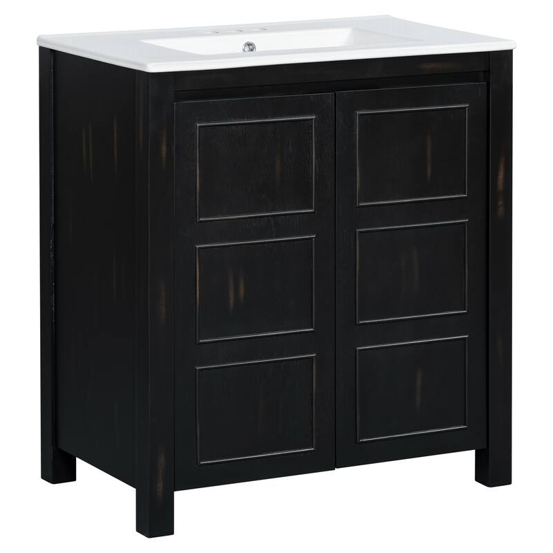 30" Rustic Bathroom Vanity with Ceramic Sink, Soft-Close Doors & Adjustable Shelf, Espresso Storage Cabinet, Modern Wood Frame