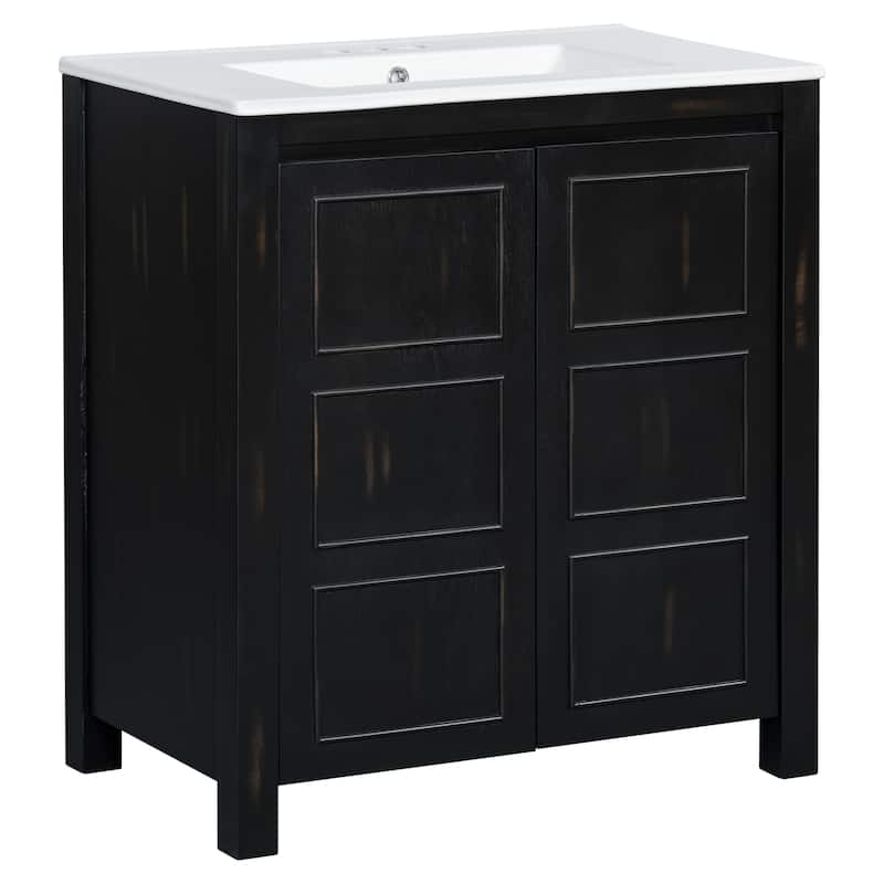 Roomfitters 30" Farmhouse Bathroom Vanity with Ceramic Sink, Soft-Close Door, Adjustable Shelf, Modern Wood Frame