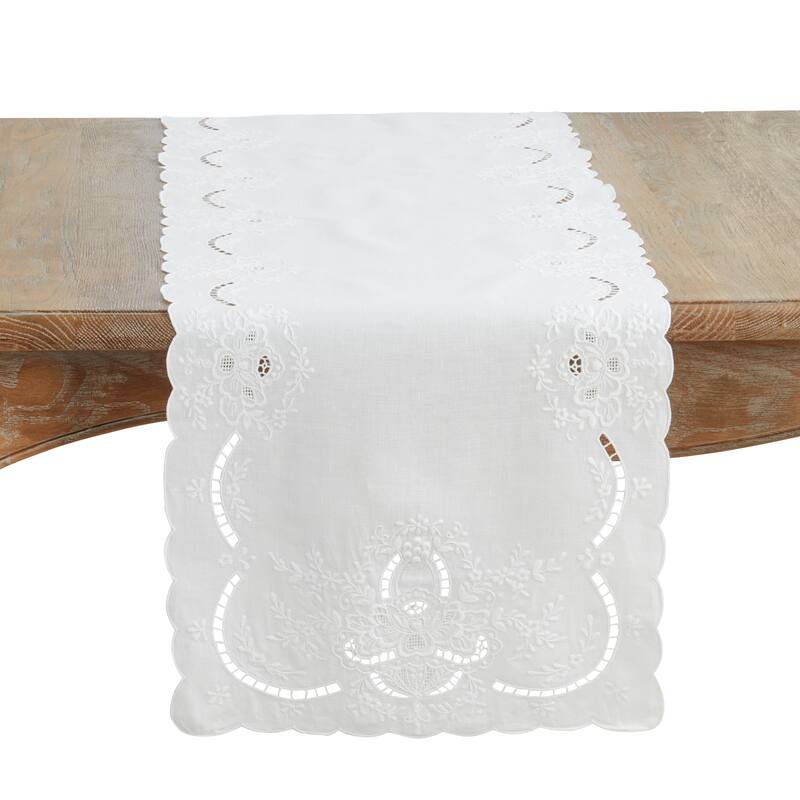 Embroidered Linen Table Runner - Decorative Scalloped Table Runner for Dining & Console Tables - 16"x90" - White