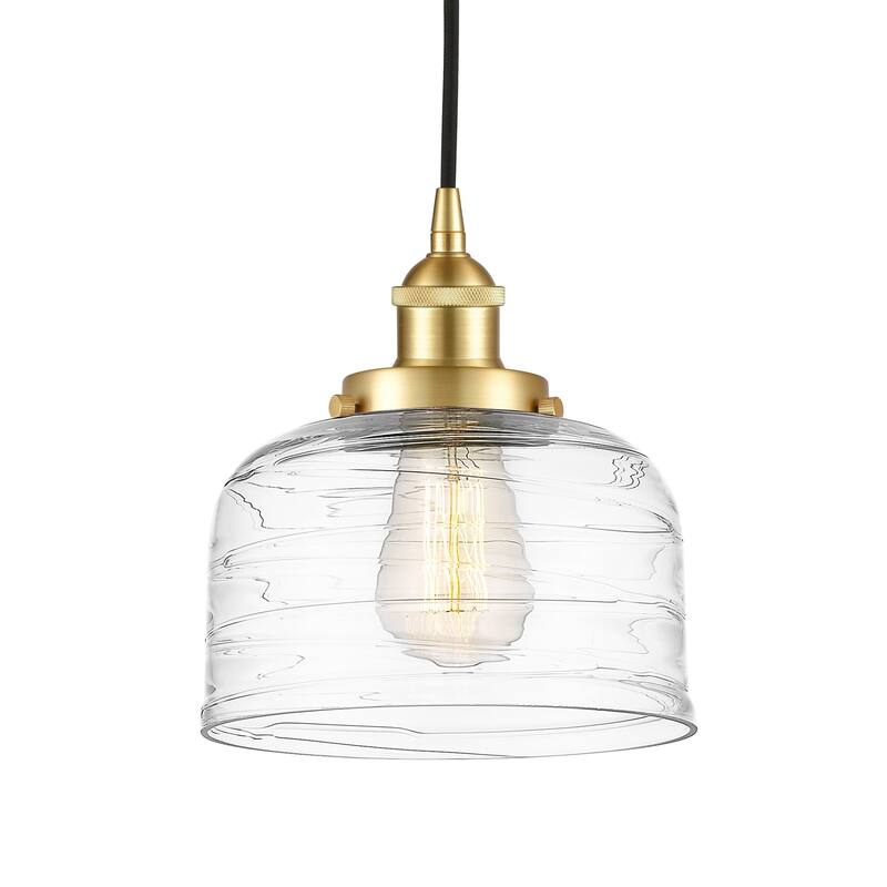 Innovations Lighting 616-1PH-10-8 Bell Pendant Bell 8" Wide Mini - Satin Gold / Clear Deco Swirl