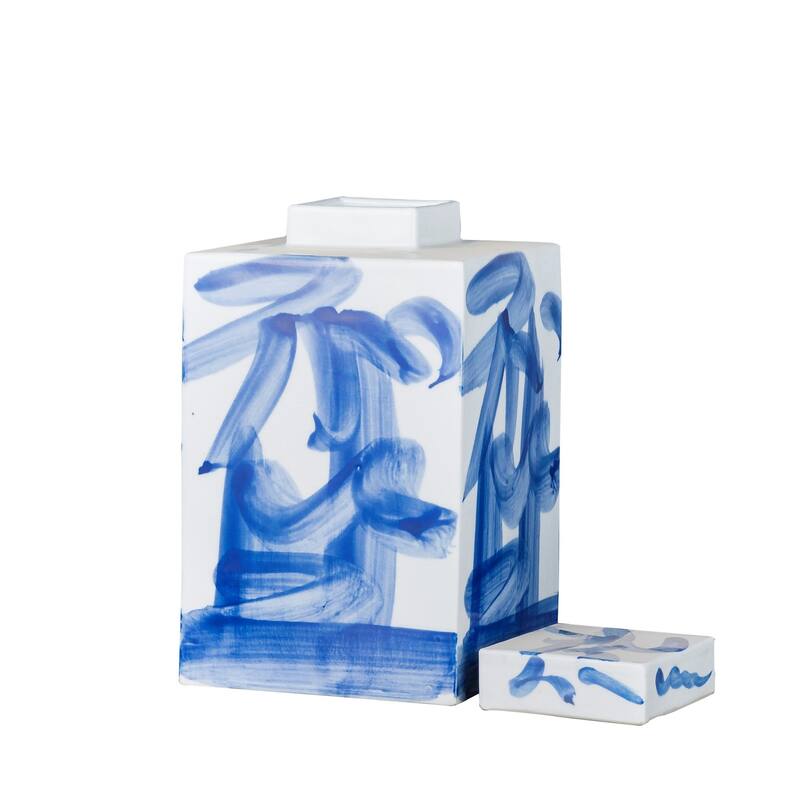 Blue And White Brushstroke Square Tea Jar