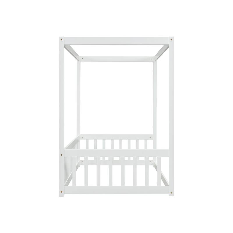 Canopy Frame Floor Bed with Fence and Guardrails