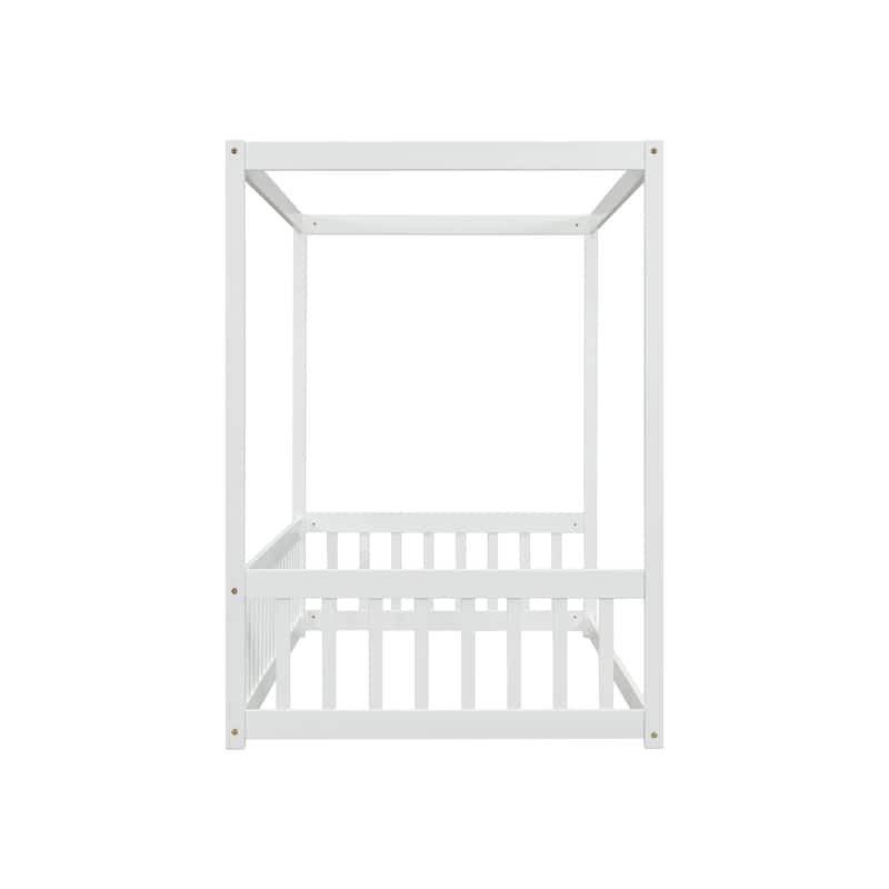 Wood Canopy Frame Floor Bed with Fence,Guardrails