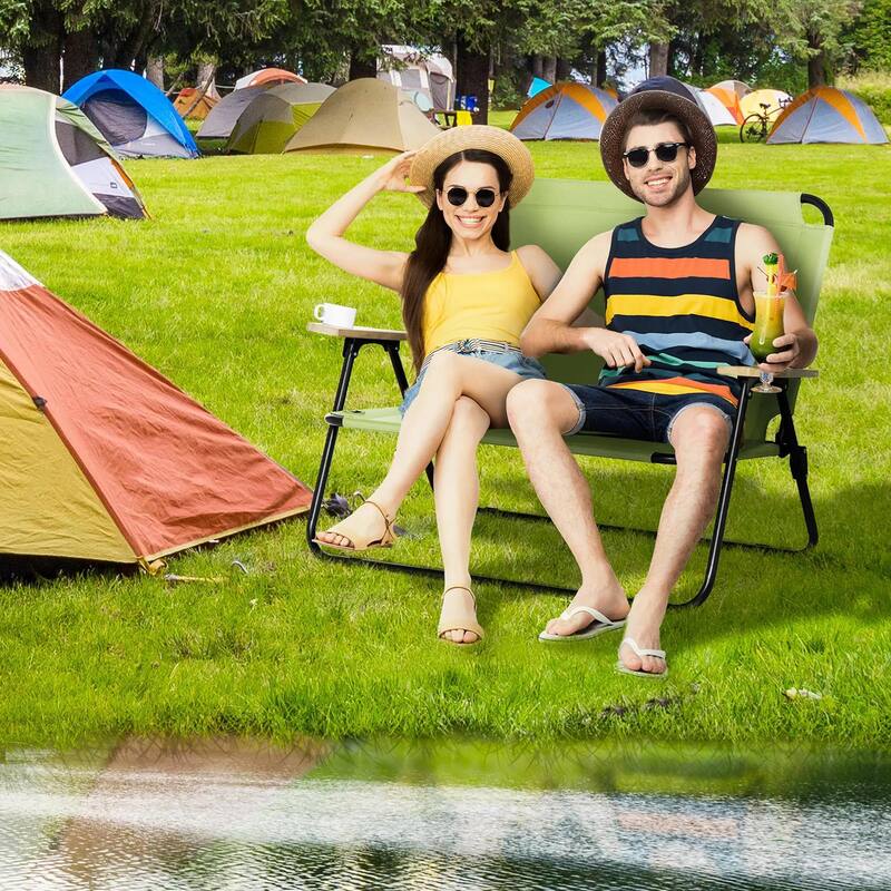 Double Folding Camping Chair, Portable Loveseat, Wood Armrests - Green