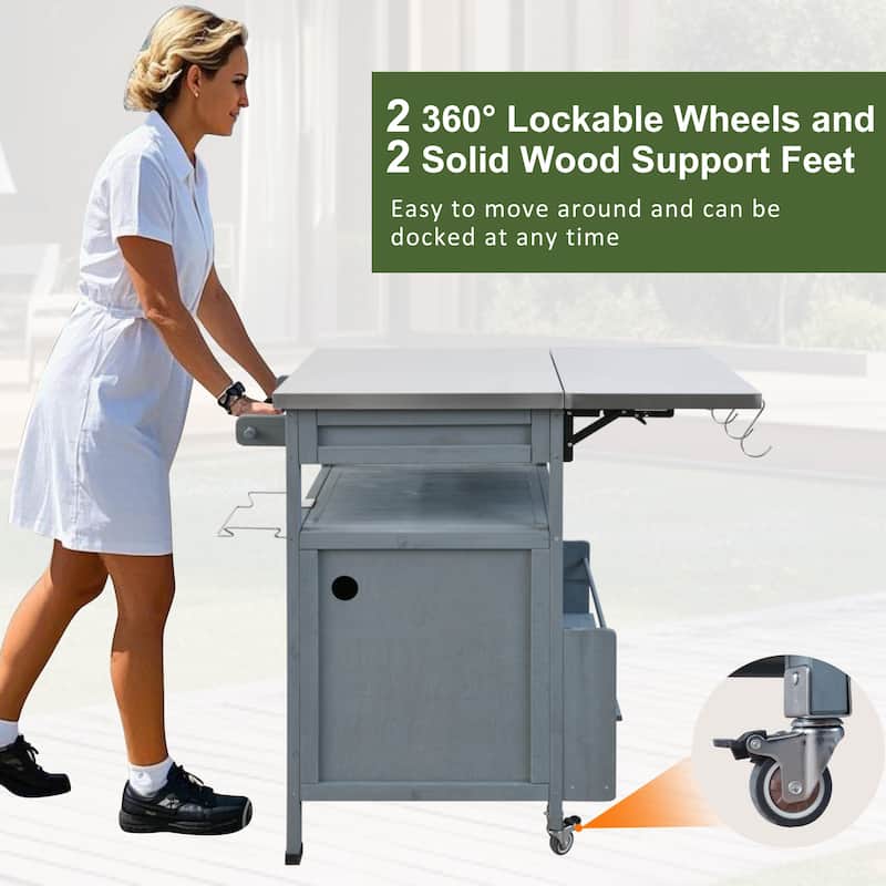 40.5" Outdoor Grill Cart with Stainless Steel Top, Rolling Buffet Serving Cart with Drop Leaf, Patio Kitchen Island Cart