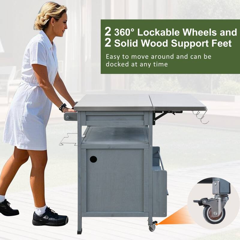 40.5" Outdoor Solid Wood Grill Cart with Stainless Steel Top, Drop Leaf, One Drawer, Towel Rack & Lockable Wheels