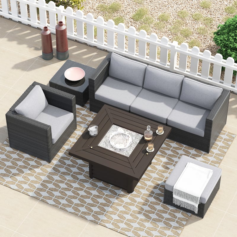 Corvus Trey 7-piece Patio Wicker Sofa Set with Fire Table