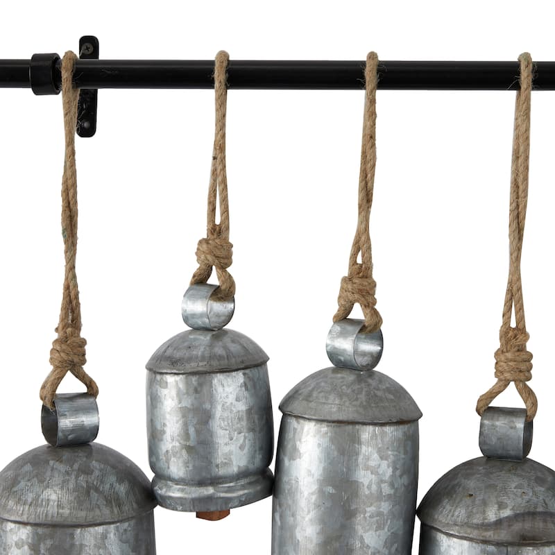 Bronze or Gray Metal Tibetan Inspired Decorative Cow Bell with Jute Hanging Rope and Rod