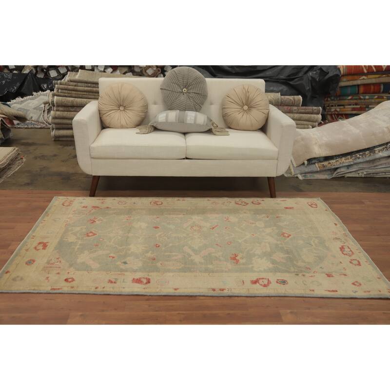 Hand Knotted Oriental 100% Wool Carpet Transitional Floral Green Oushak Area Rug - 6' 11'' X 4' 1''