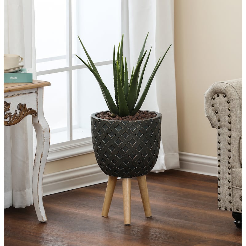 Butterfly Embossed Brown 12.3-Inch Round MgO Planter with Wood Legs