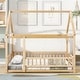 preview thumbnail 2 of 43, Floor Wooden Bed with House Roof Frame and Fence Guardrails