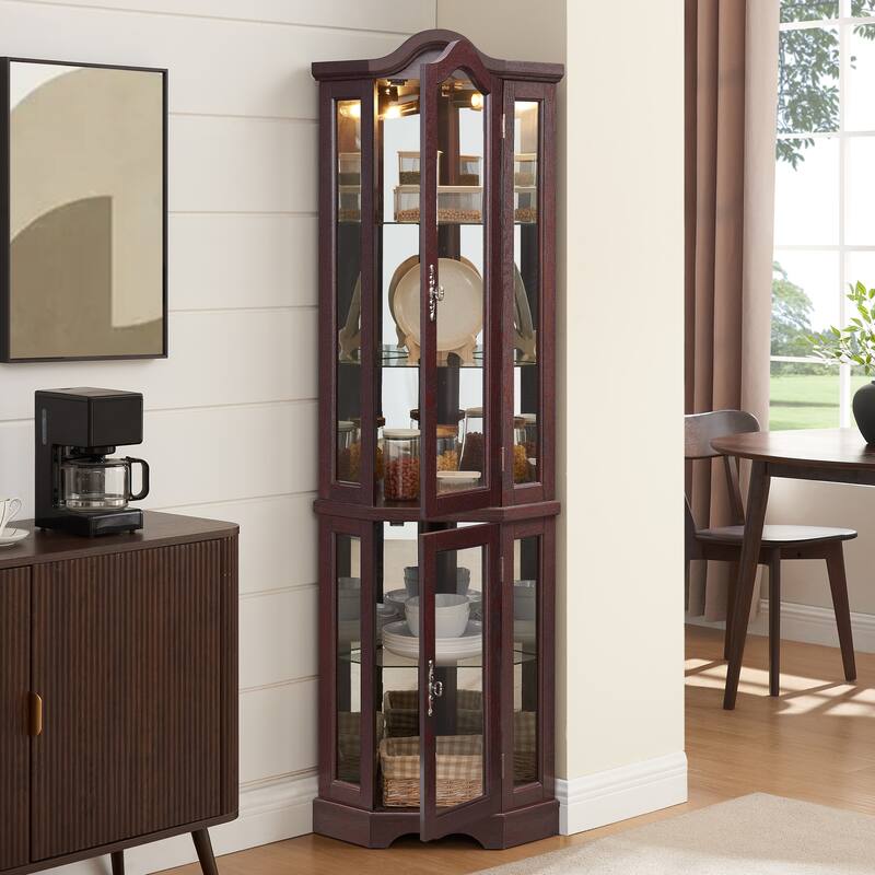 GDFStudio - Storage Corner Curio Cabinet with Lighted Glass Shelves